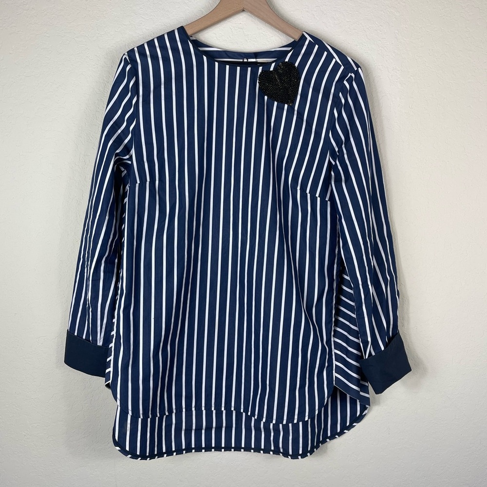Odeeh Striped Cotton Beaded Heart Long Sleeve Shirt Navy Blue Size 40 US Large
